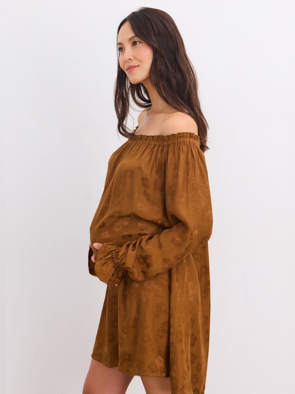 Hatch Maternity The Samantha Off-The-Shoulder Jacquard Mini Dress In Caramel Sz3